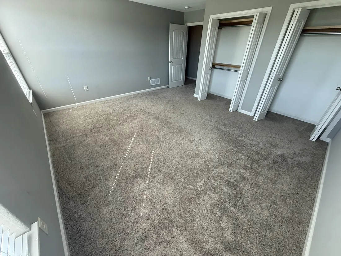 New carpet through a bedroom with double built in closets