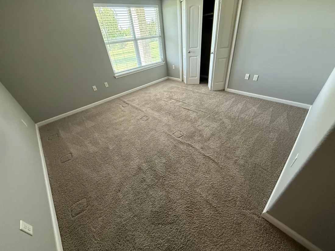 Carpeted bedroom with light coming in across the floor