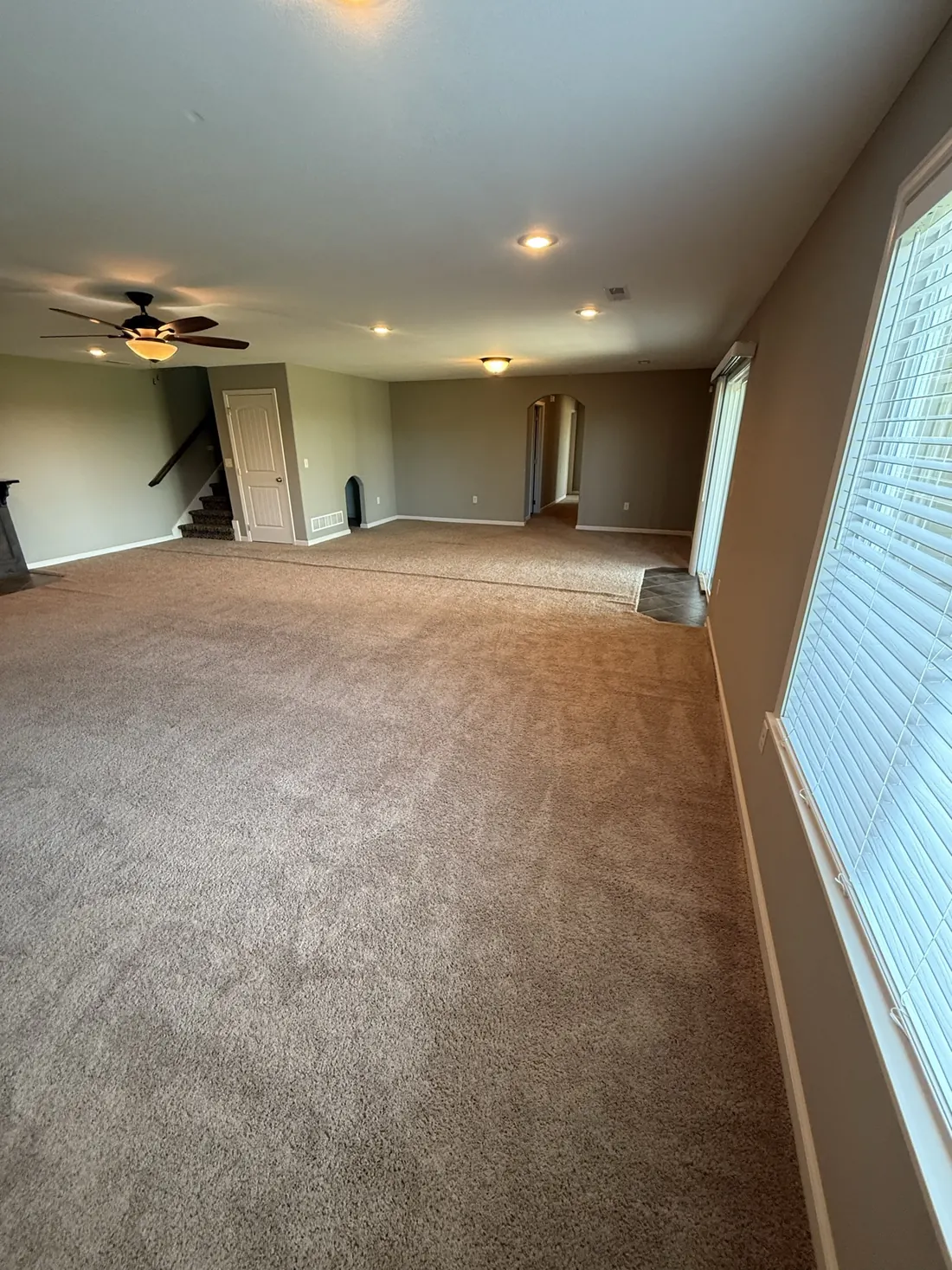 Lower level room finished in new carpet under a skylight